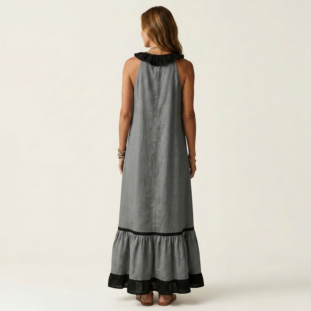 Émeline | Robe Maxi Sans Manches, Col Volanté, Liseré Contrasté
