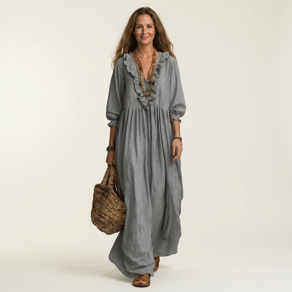 Josée | Robe Maxi Rayée à Volants et Manches Lanterne