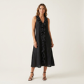 Victoire | Robe Maxi en Lin Sans Manches à Volant, Col en V