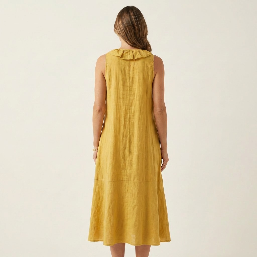 Victoire | Robe Maxi en Lin Sans Manches à Volant, Col en V