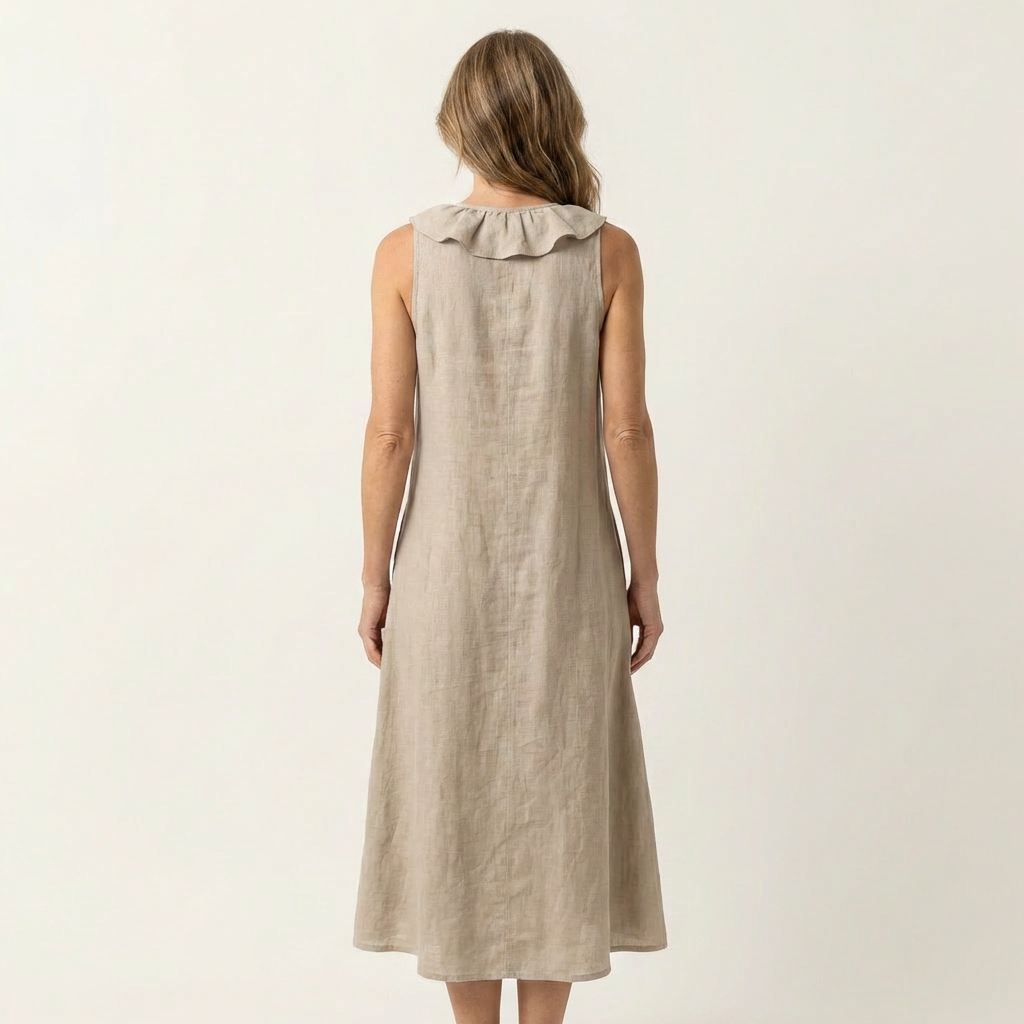 Victoire | Robe Maxi en Lin Sans Manches à Volant, Col en V
