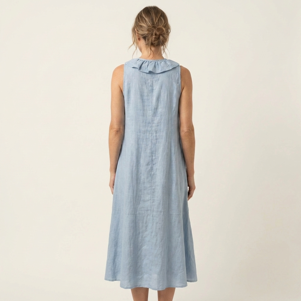 Victoire | Robe Maxi en Lin Sans Manches à Volant, Col en V