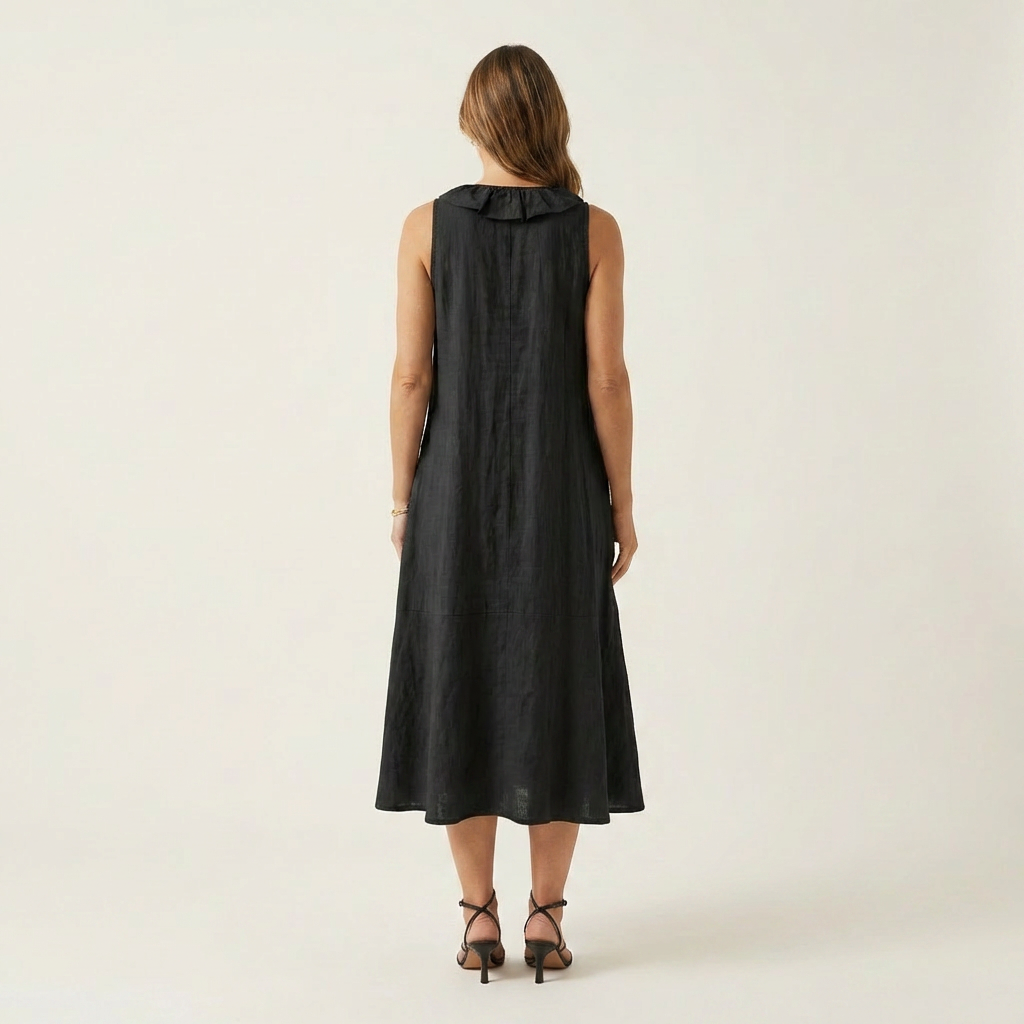 Victoire | Robe Maxi en Lin Sans Manches à Volant, Col en V