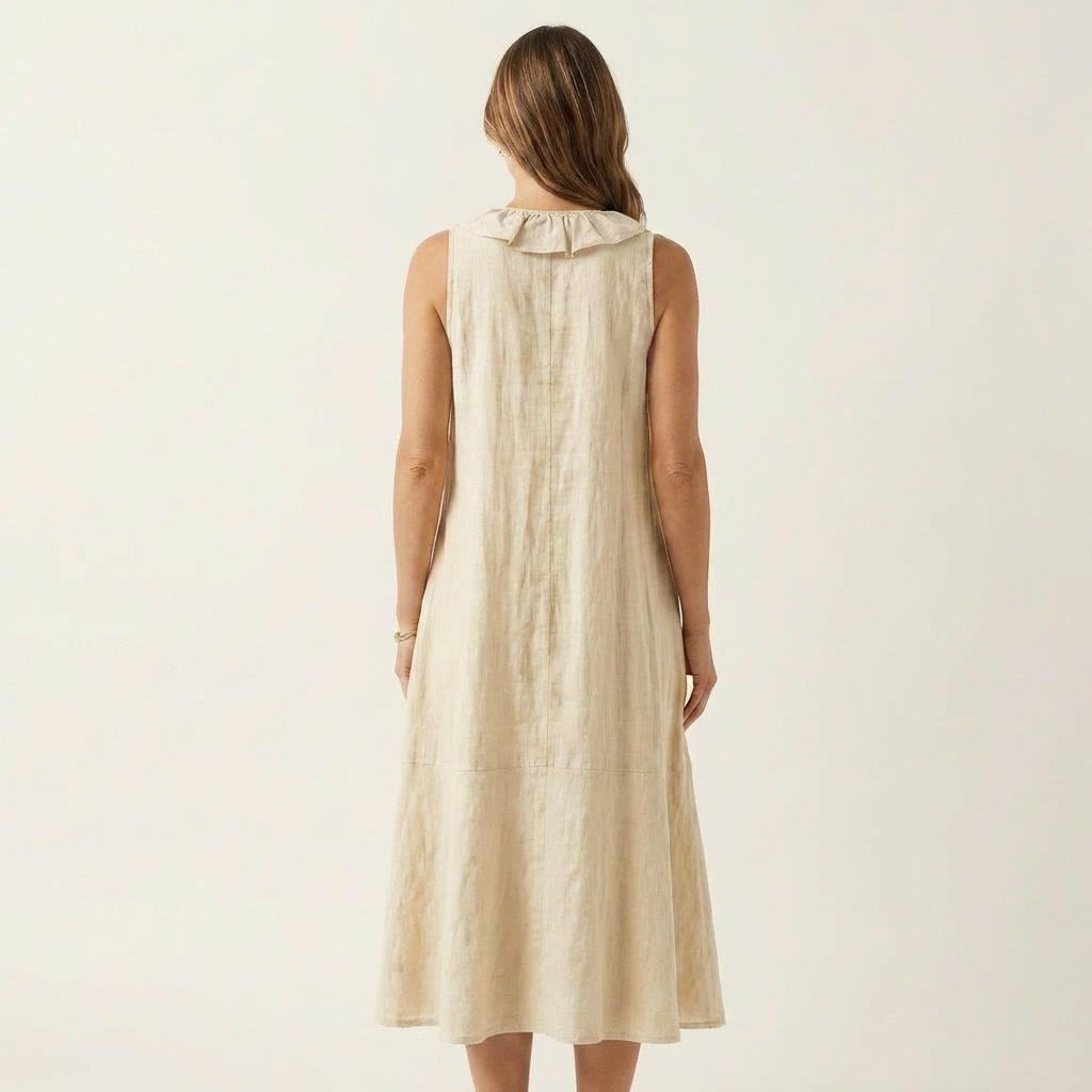 Victoire | Robe Maxi en Lin Sans Manches à Volant, Col en V