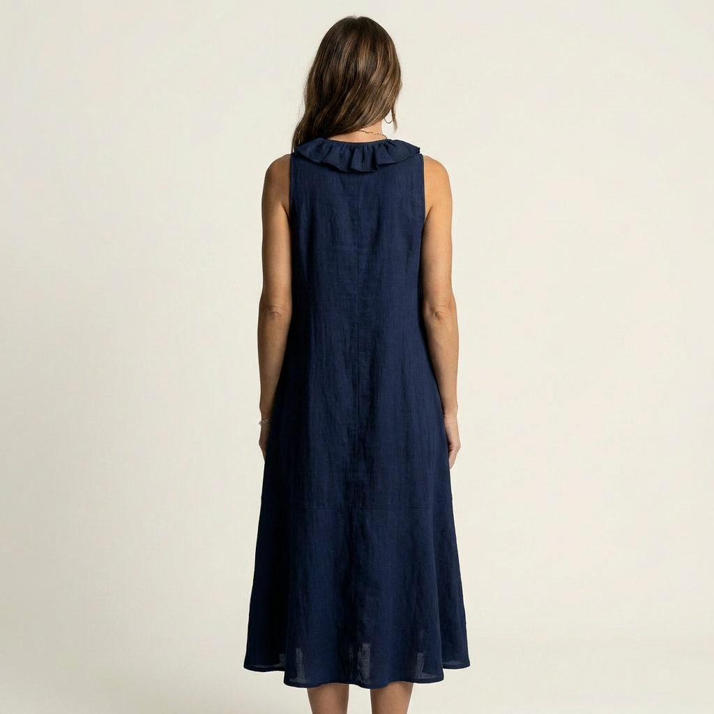 Victoire | Robe Maxi en Lin Sans Manches à Volant, Col en V