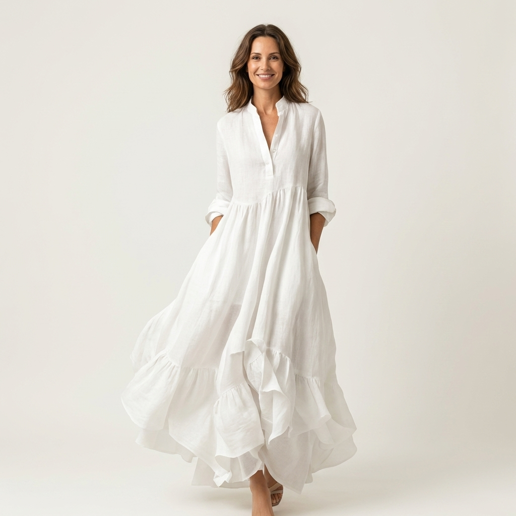 Gisèle | Robe Maxi Col Officier, Boutonnée, Ourlet à Volants