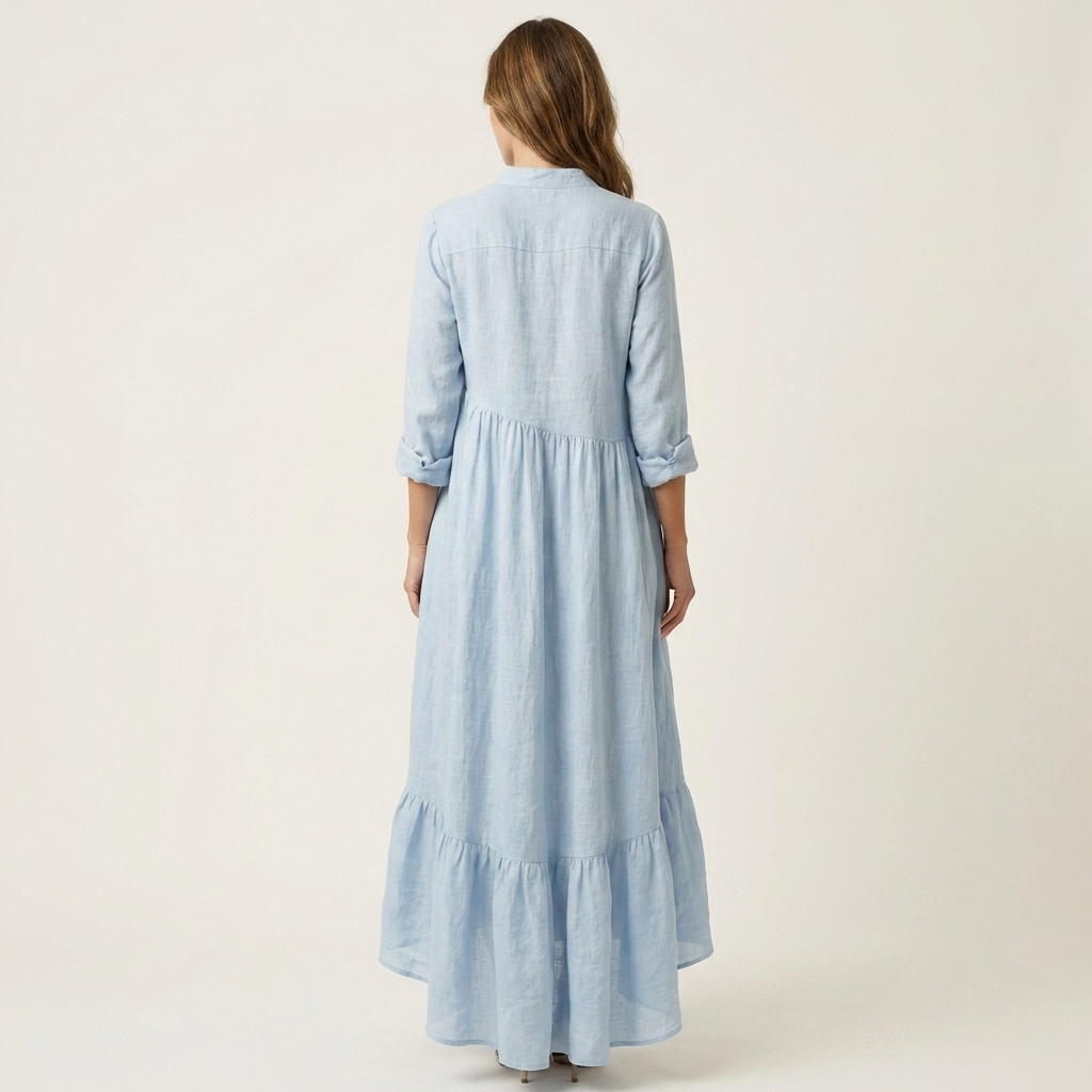 Gisèle | Robe Maxi Col Officier, Boutonnée, Ourlet à Volants