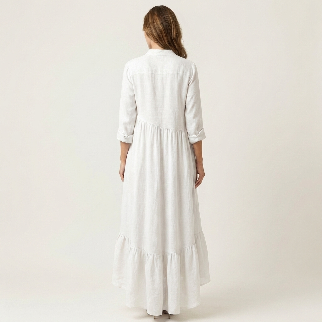 Gisèle | Robe Maxi Col Officier, Boutonnée, Ourlet à Volants