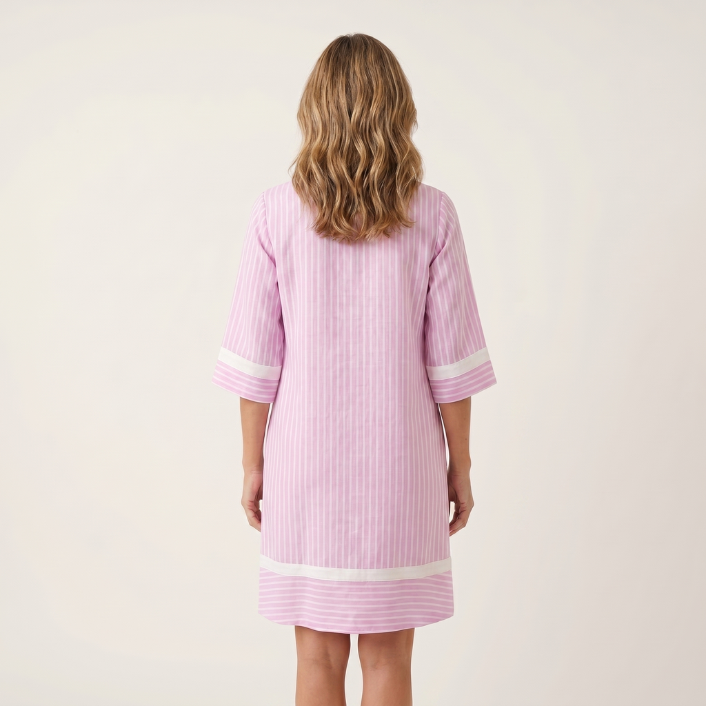 Capucine | Robe Droite Rayée en Coton, Col en V à Liseré Contrasté