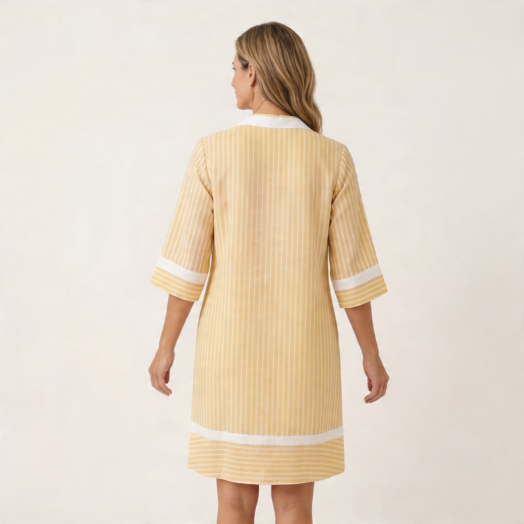 Capucine | Robe Droite Rayée en Coton, Col en V à Liseré Contrasté