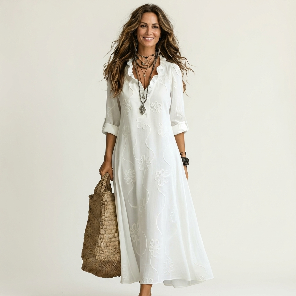 Marianne | Robe Maxi en Coton-Lin, Broderie Florale Ton sur Ton