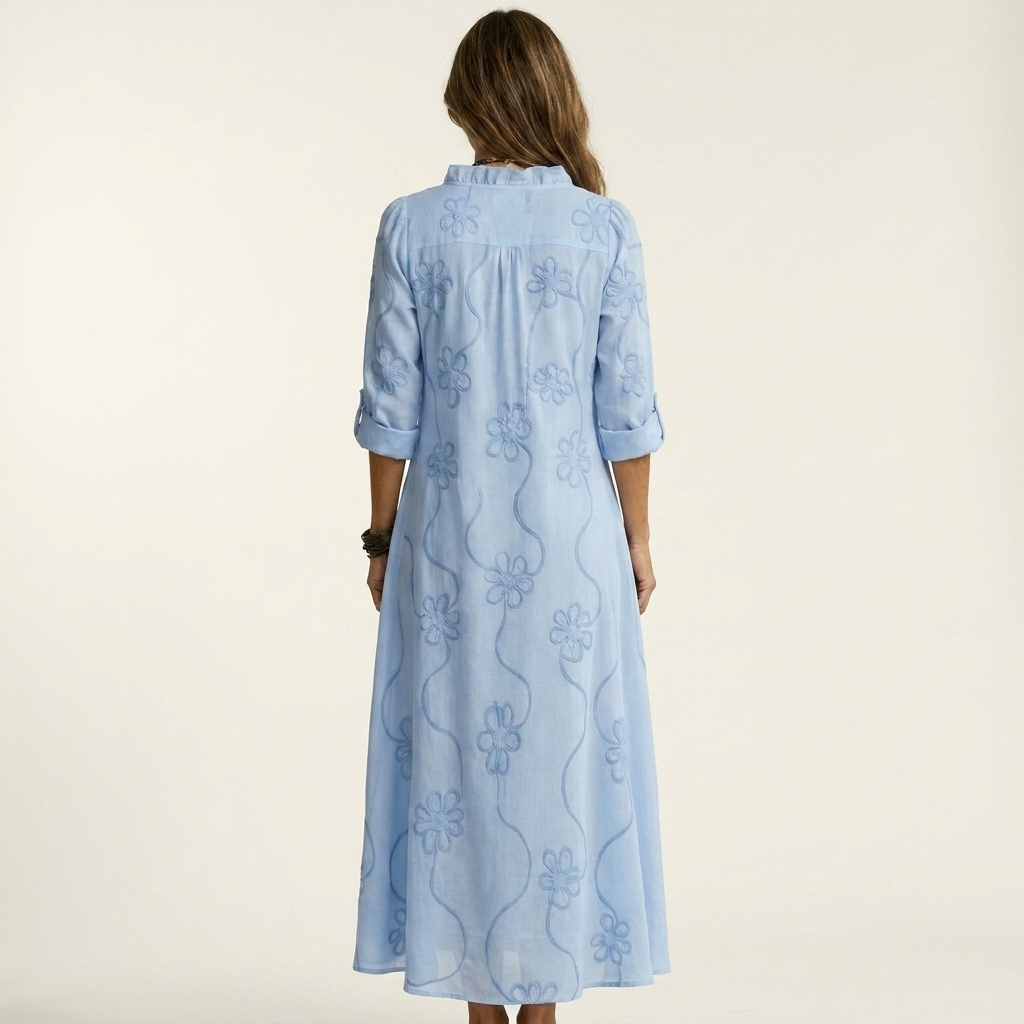Marianne | Robe Maxi en Coton-Lin, Broderie Florale Ton sur Ton