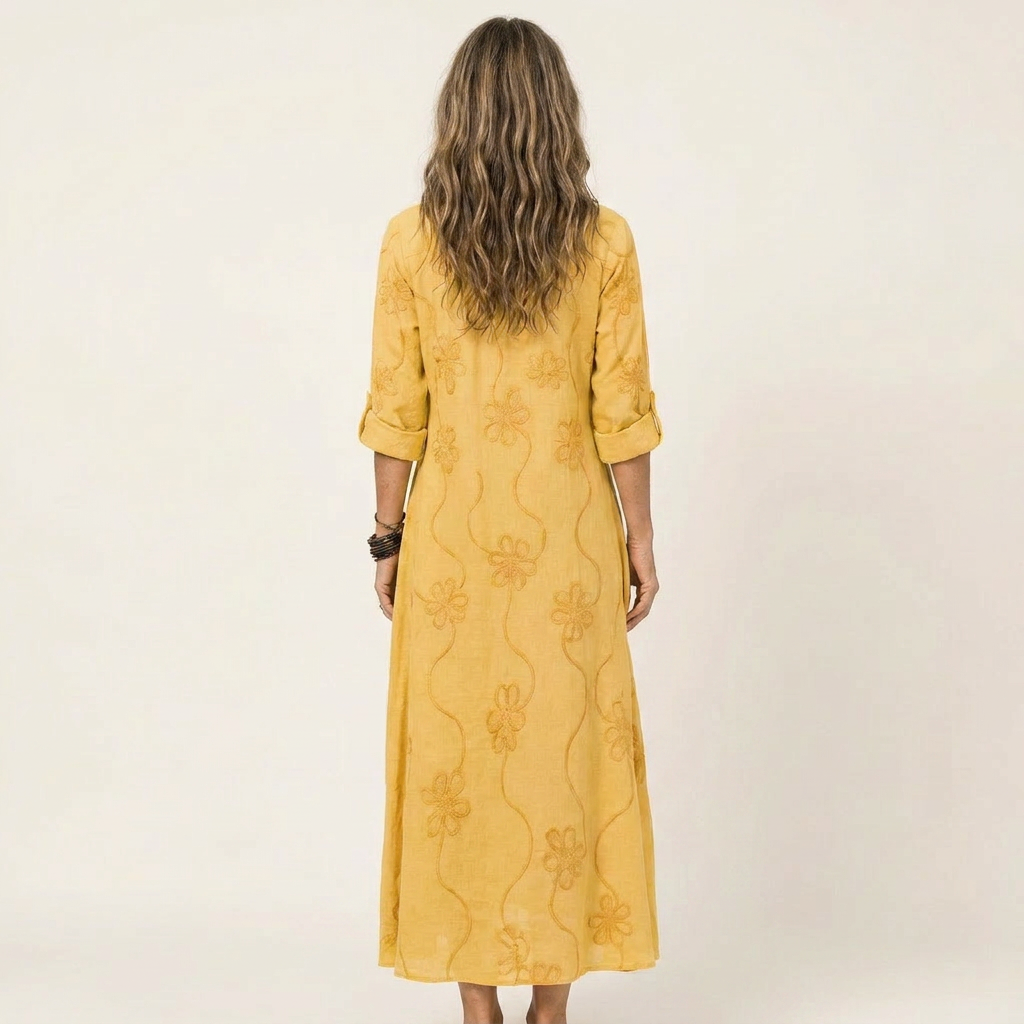 Marianne | Robe Maxi en Coton-Lin, Broderie Florale Ton sur Ton