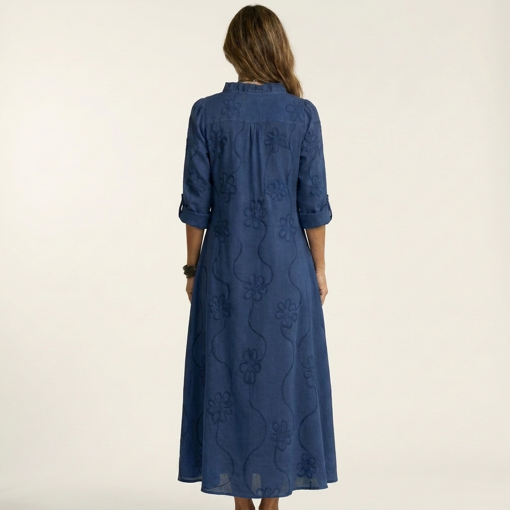 Marianne | Robe Maxi en Coton-Lin, Broderie Florale Ton sur Ton
