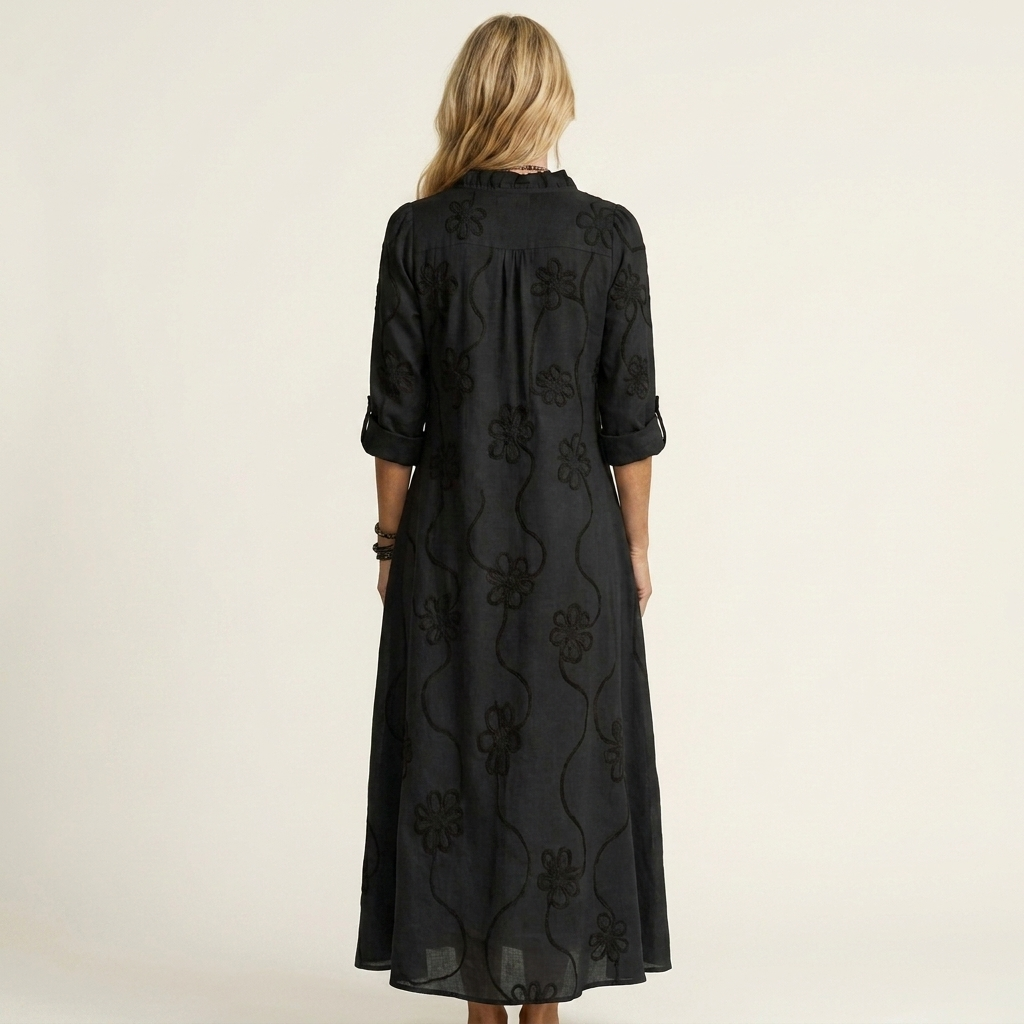 Marianne | Robe Maxi en Coton-Lin, Broderie Florale Ton sur Ton