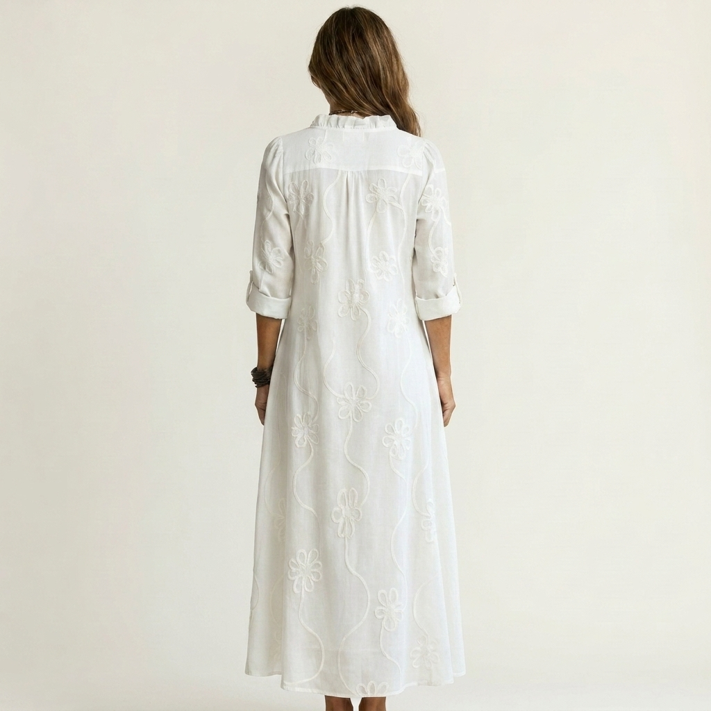 Marianne | Robe Maxi en Coton-Lin, Broderie Florale Ton sur Ton