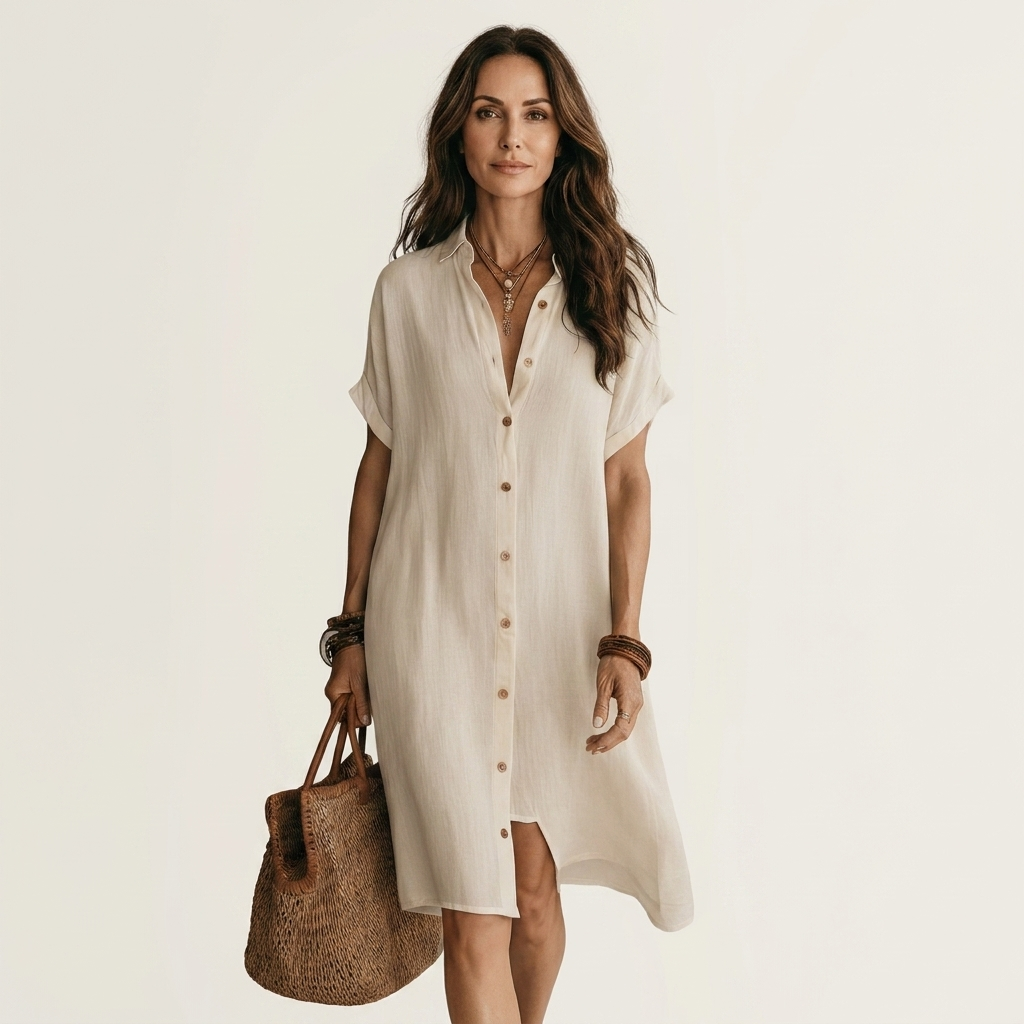 Nadège | Robe Chemise Midi en Coton-Lin, Manchettes Roulées