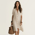 Nadège | Robe Chemise Midi en Coton-Lin, Manchettes Roulées