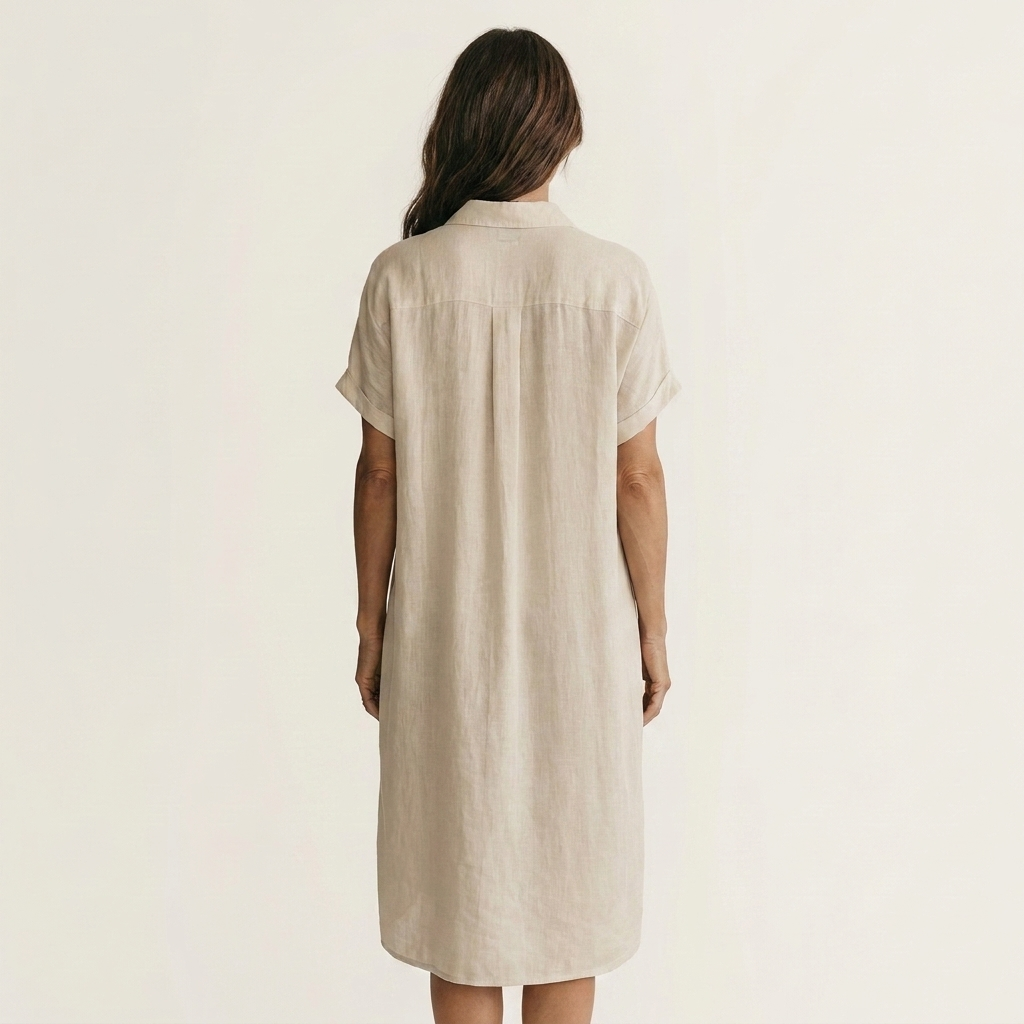Nadège | Robe Chemise Midi en Coton-Lin, Manchettes Roulées