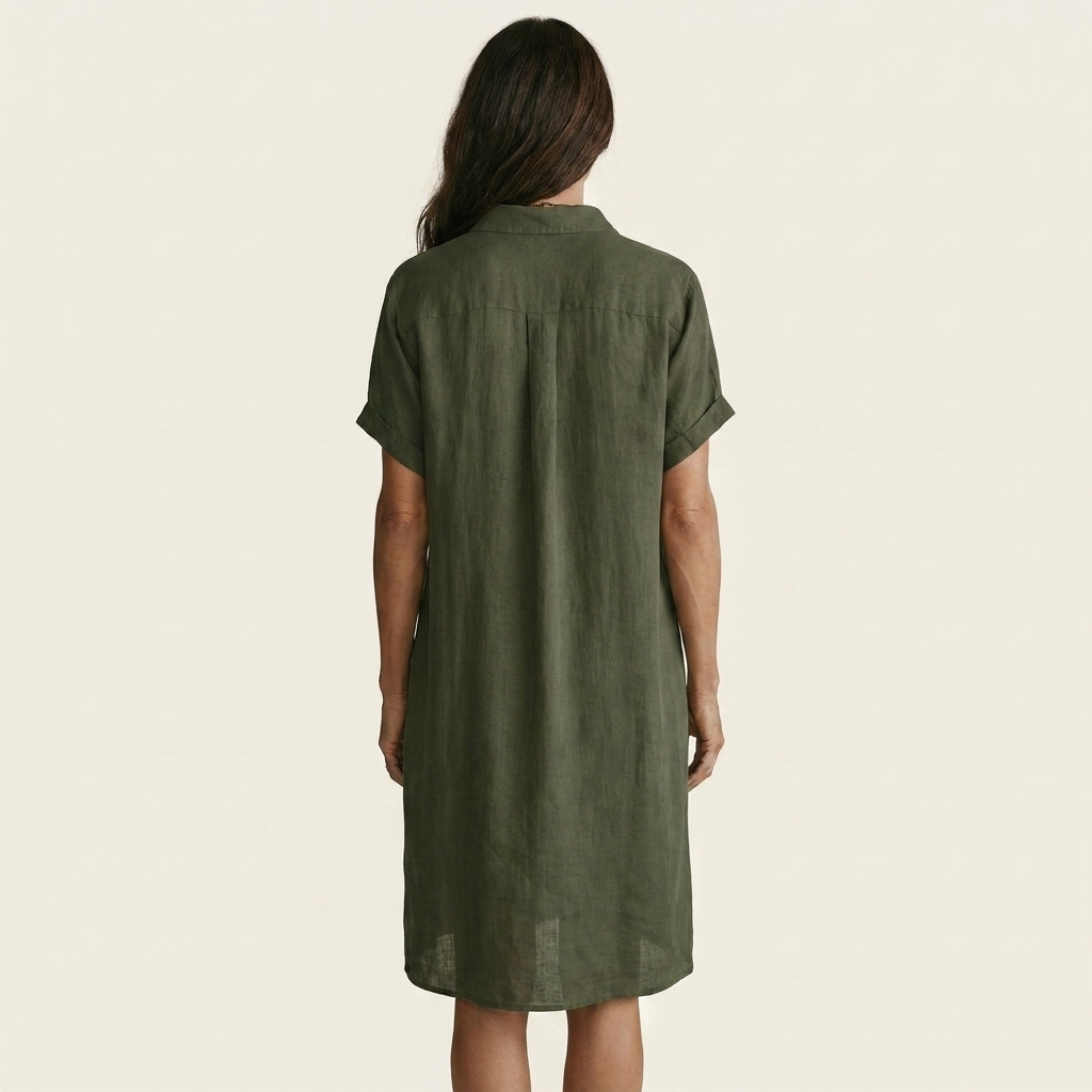 Nadège | Robe Chemise Midi en Coton-Lin, Manchettes Roulées