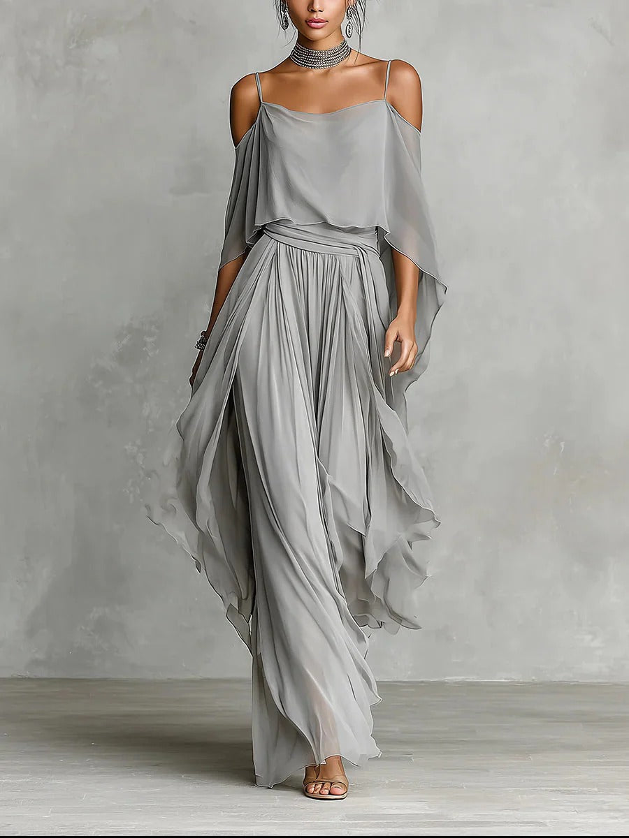 Isabelle | Ensemble fluide gris avec haut à fines bretelles et pantalon léger