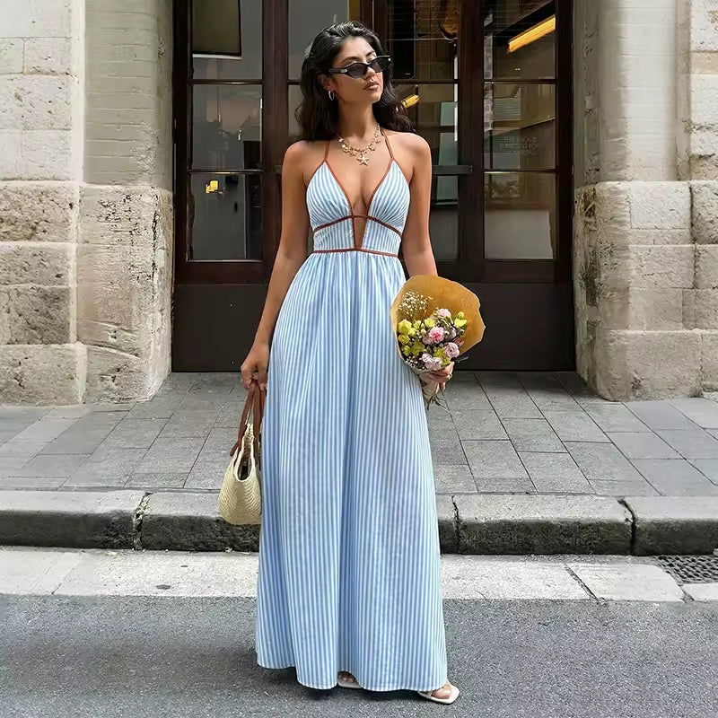 Louise | Robe Longue Élégante Rayée, Décolleté Profond