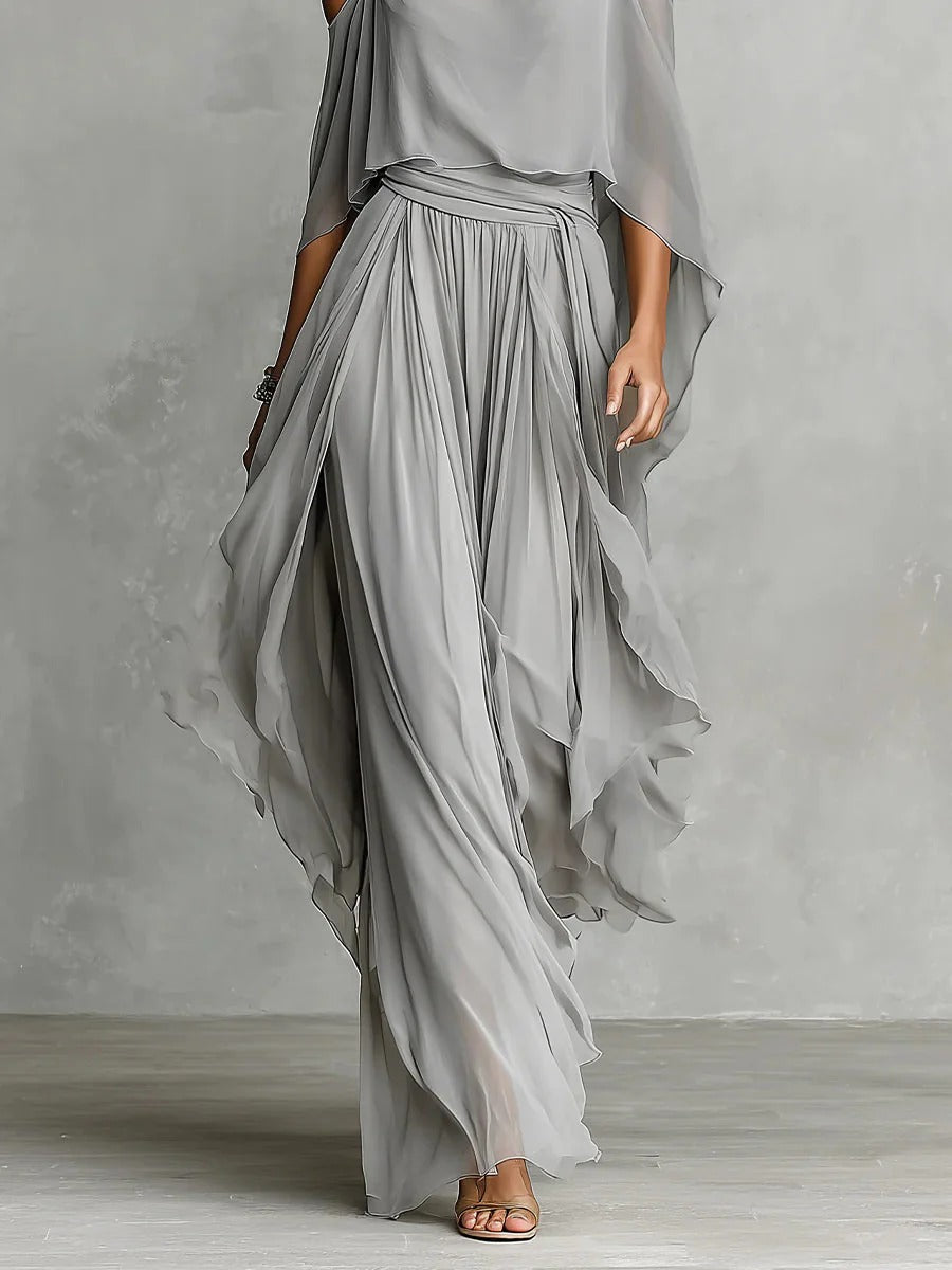 Isabelle | Ensemble fluide gris avec haut à fines bretelles et pantalon léger