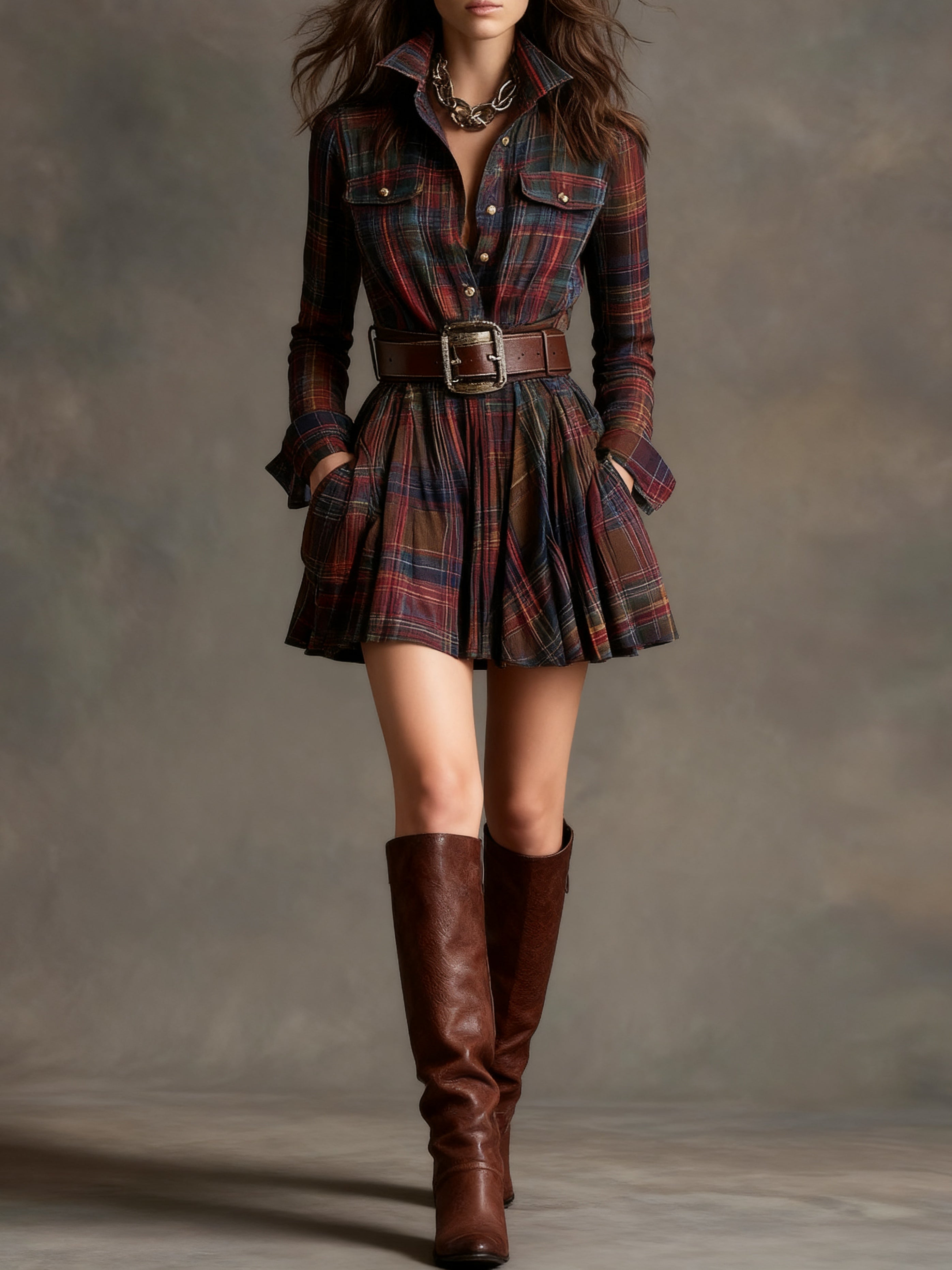Cannelle | Mini Robe Vintage à Carreaux Rouge et Marron (avec ceinture)