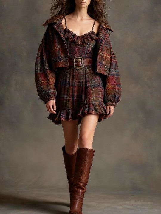 Marielle | Mini Robe Vintage à Carreaux et Rayures avec Veste Ample (avec ceinture)