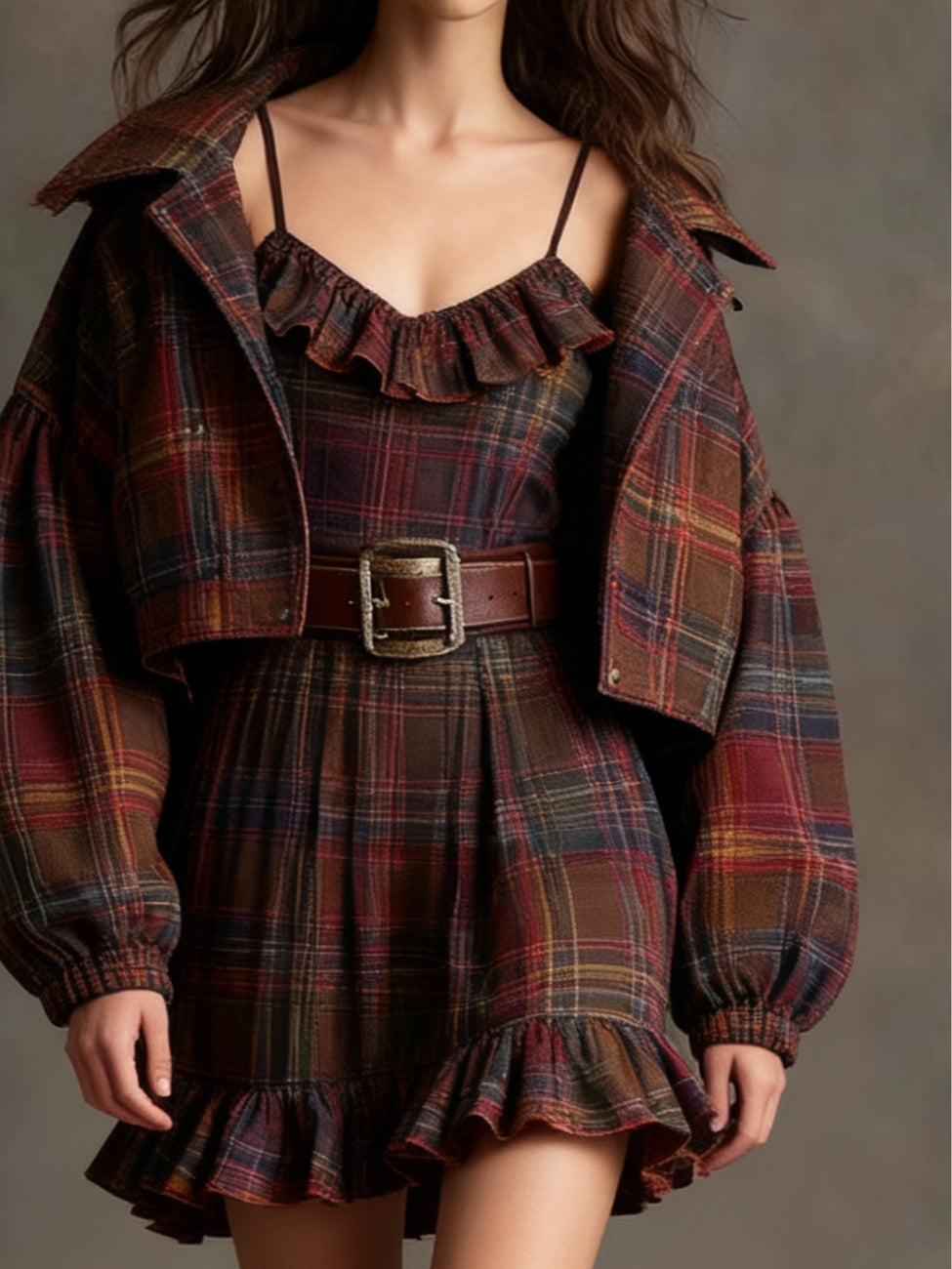 Marielle | Mini Robe Vintage à Carreaux et Rayures avec Veste Ample (avec ceinture)