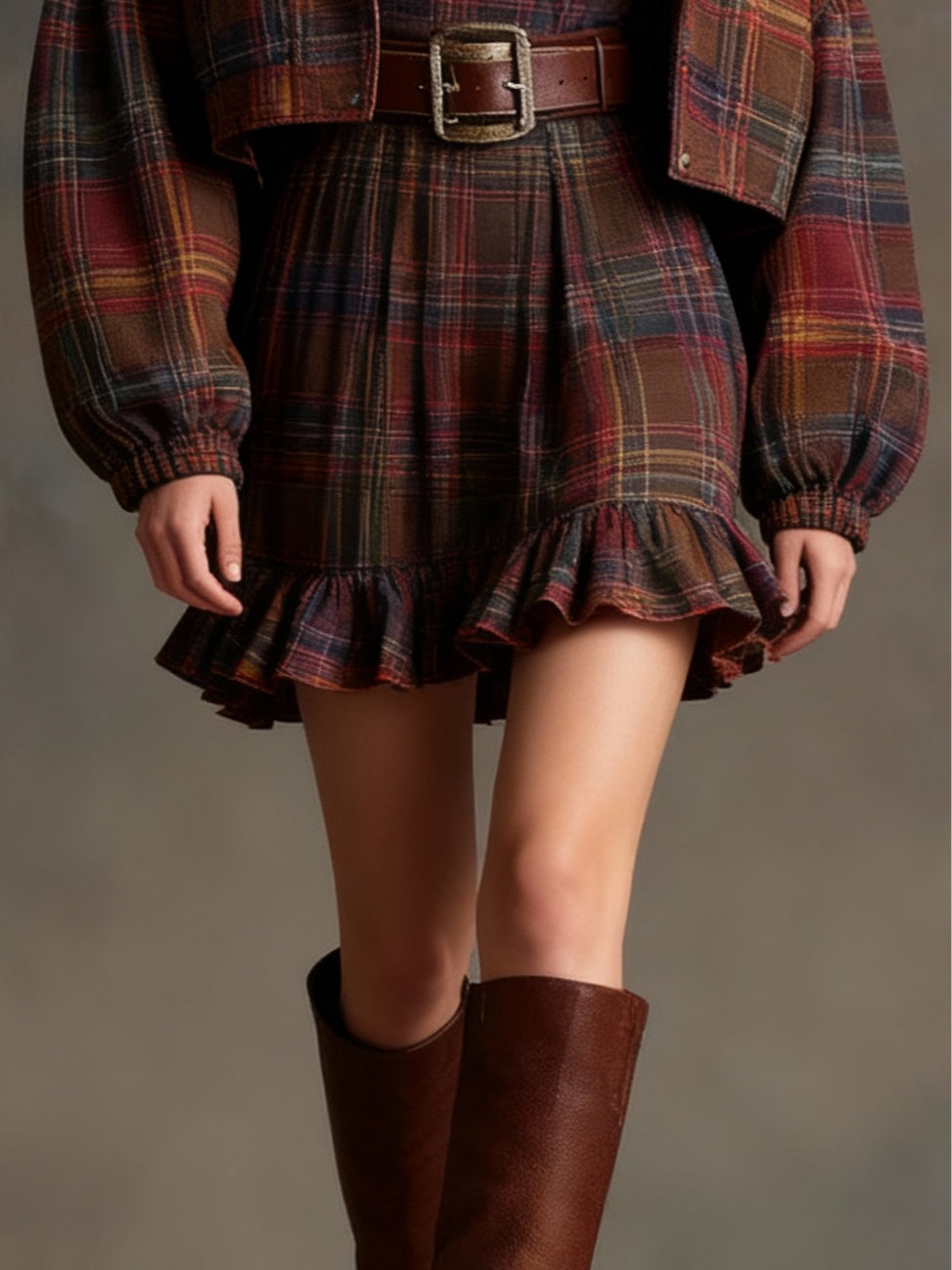 Marielle | Mini Robe Vintage à Carreaux et Rayures avec Veste Ample (avec ceinture)