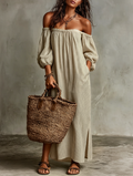 Auriane | Robe Maxi en Coton et Lin, Épaules Dénudées