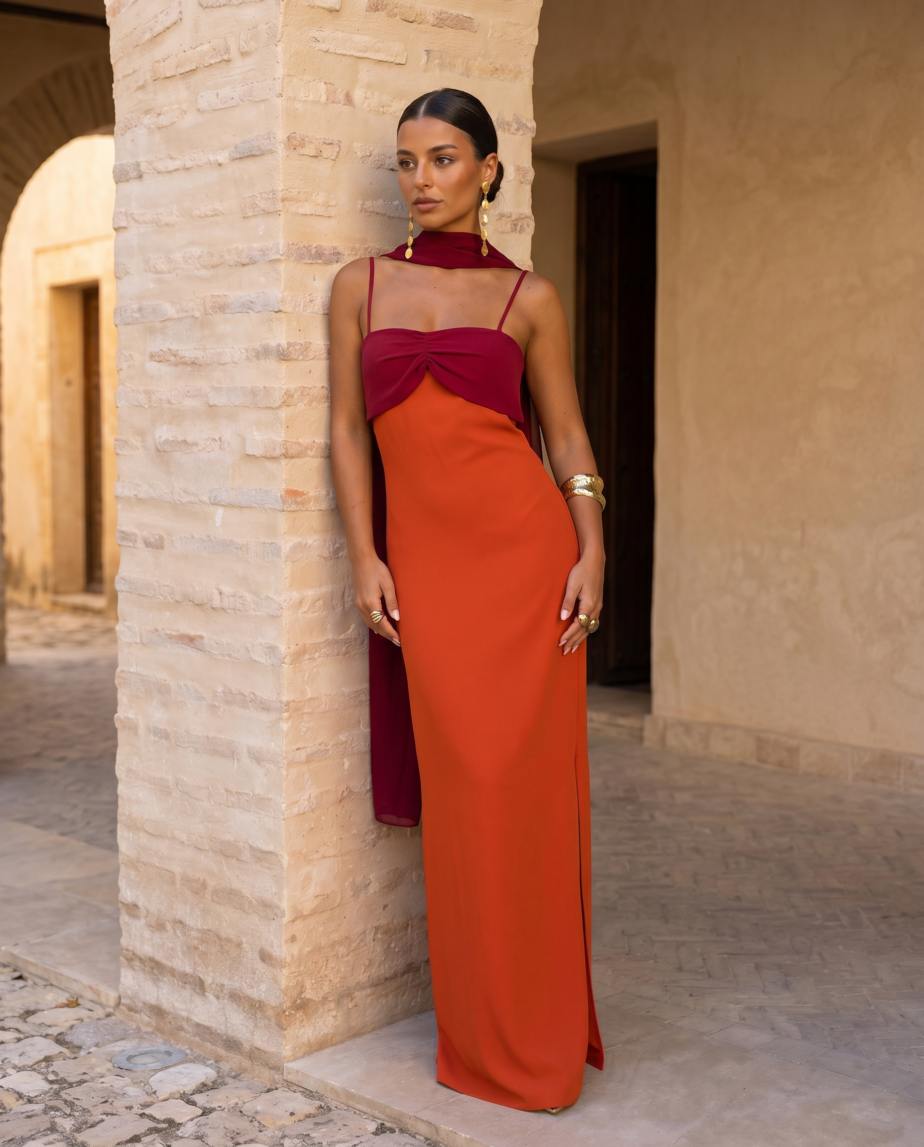 Aline | Robe orange avec décolleté rouge