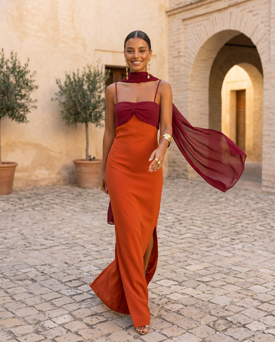 Aline | Robe orange avec décolleté rouge